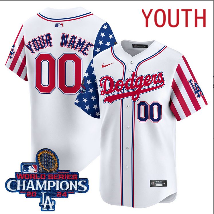 Youth  MLB Los Angeles Dodgers Custom American Style white 2024 World Series Champions  Limited Jersey